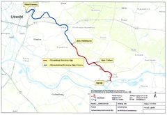 Kaart Kromme Rijn blauwe lijn is de benedenloop en rode lijn is de bovenloop