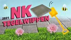 Logo van het NK Tegelwippen 2021. Op de afbeelding is te zien hoe tegels worden vervangen voor gras en bloemen.