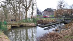 Locaties waar de debietmeters worden geplaatst. Links de stuw bij de Berenkuil, rechts de stuw bij het Zandpad