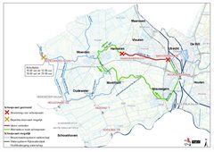 Kaartje met alternatieve routes vanwege vaarverbod Leidsche Rijn en beperkt schutten sluis Bodegraven vanwege aanvoer extra zoet water