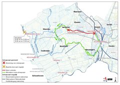 Kaartje met alternatieve routes vanwege vaarverbod Leidsche Rijn en beperkt schutten sluis Bodegraven vanwege aanvoer extra zoet water