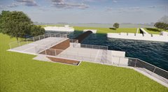 Impressie nieuwe situatie gemaal met balgstuw in werking bij lage rivierstand