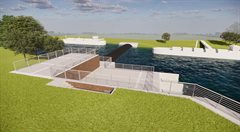 Impressie nieuwe situatie gemaal met balgstuw in werking bij lage rivierstand