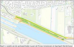 kaart 1 - locatie van de werkzaamheden tussen de Prinses Irenesaluis en Sportpark Mariënhoeve